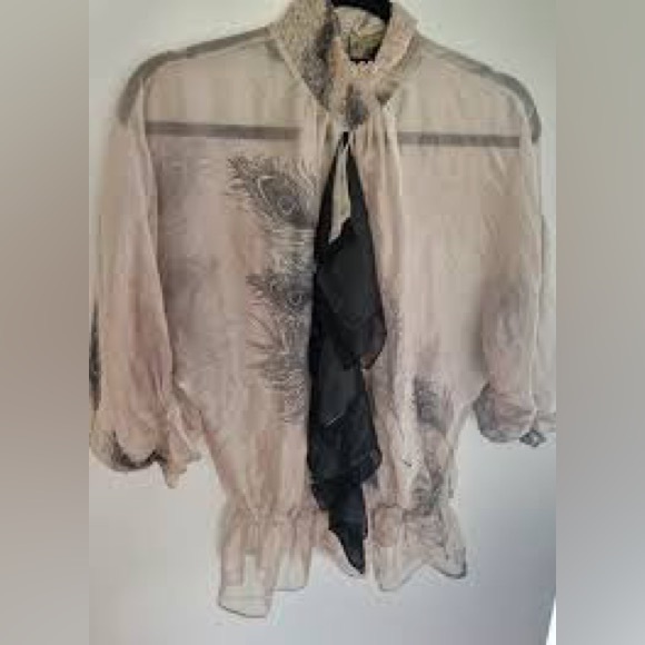 💯 Silk Zara Sheer Beige Peplum Blouse with Black Ruffle Tie - Picture 2 of 5